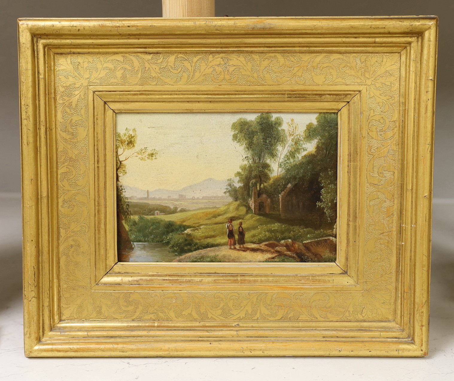 19th century English School, oil on card, Italianate landscape with watercarriers in the foreground, ruins beyond, 11.5 x 16.5cm